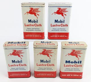 (5) Vintage Mobil Lustre Cloth Tin Cans