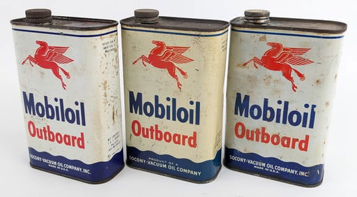 (3) Vintage Mobiloil Outboard Boat Motor Quart Oil Cans