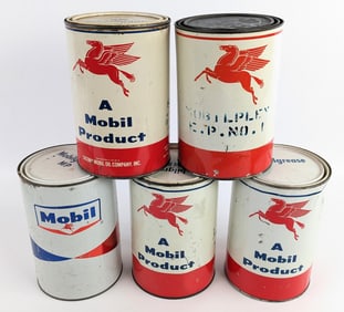 (5) Vintage Mobil Mobilgrease 5lb Metal Grease Cans