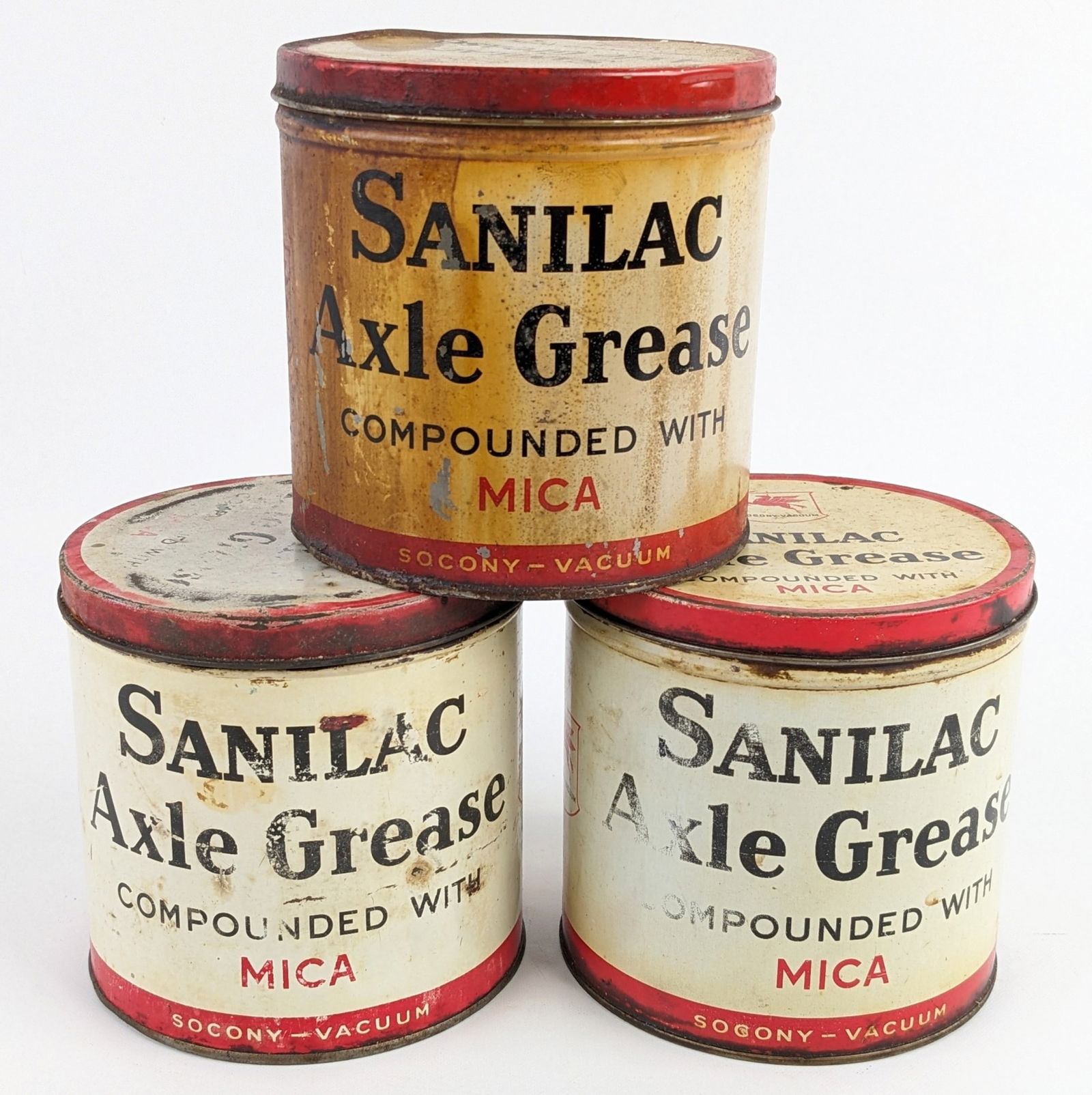 (3) Early SOCONY-VACUUM Mobil Sanilac Axle Grease 3lb Metal Cans (1 of 10)