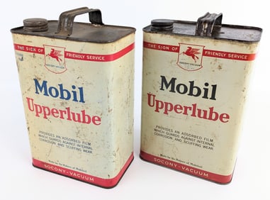 (2) Early SOCONY-VACUUM Mobil Upperlube Gallon Oil Cans