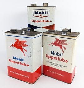 (3) Vintage Mobil Upperlube One Gallon Metal Oil Cans