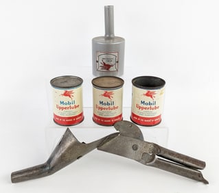 Vintage Mobil Upper Lube 4oz Cans / Dispenser & Funnel Spout