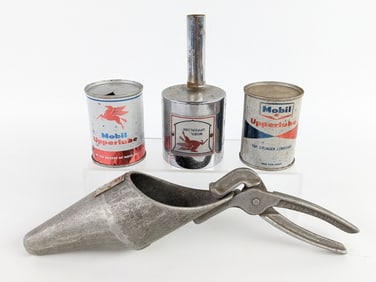 Vintage Mobil Upper Lube 4oz Cans / Dispenser & Funnel Spout