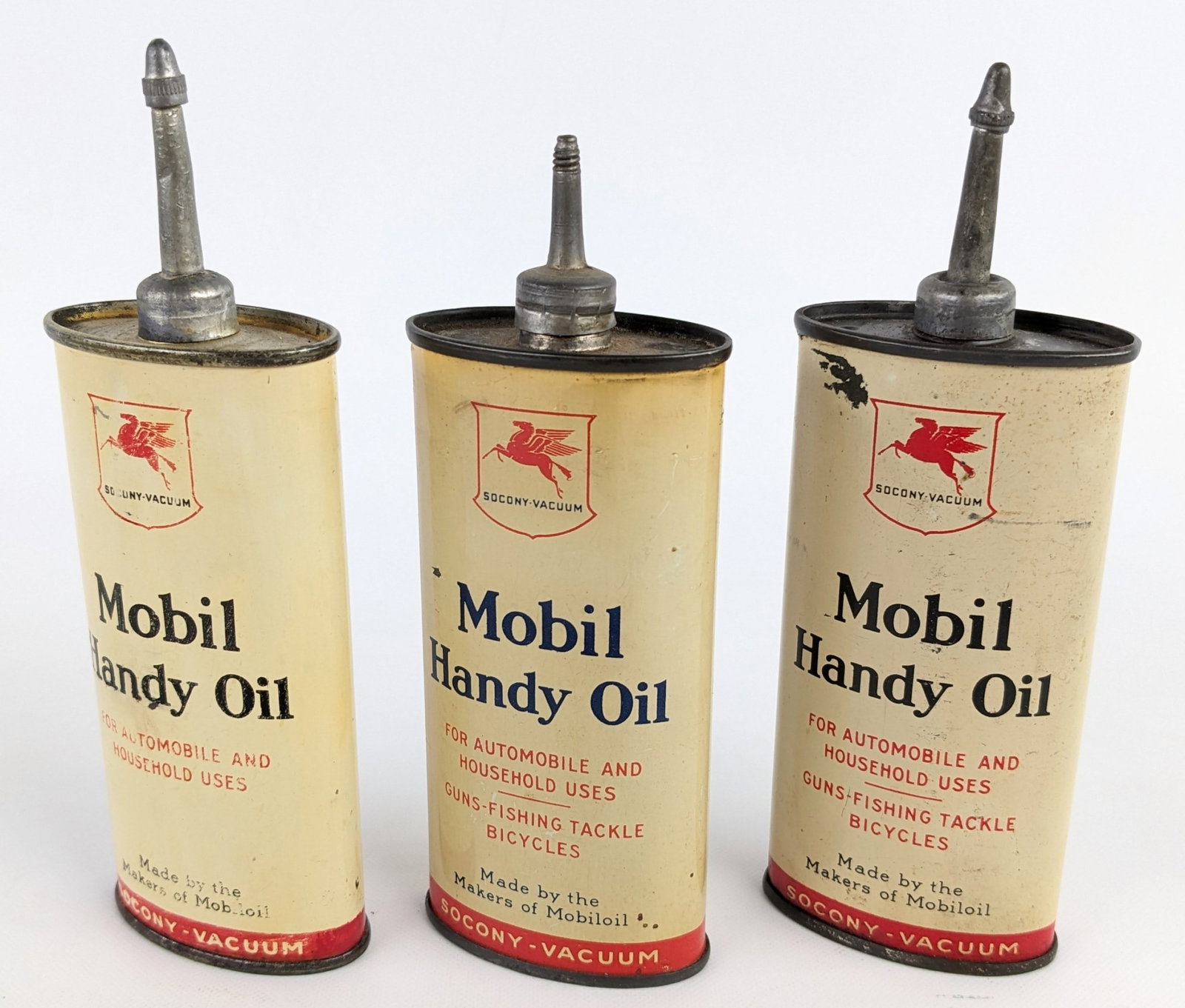 (3) Early SOCONY Mobil Lead Top Handy Oil 4oz Oiler Cans (1 of 4)