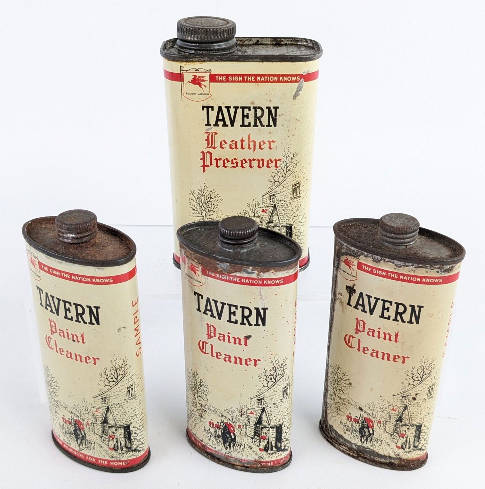 (4) Vintage Mobil Tavern Paint Cleaner / Leather Preserver Metal Cans (1 of 10)