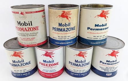 (7) Vintage Mobil Permazone / Freezone One Gallon Anti-Freeze Cans