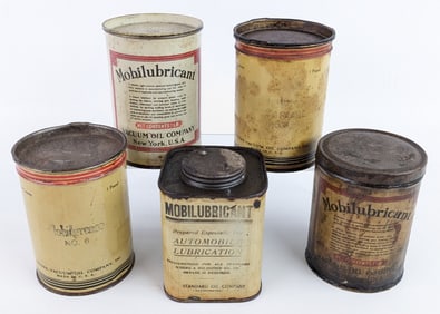 (5) Early Vacuum Oil Mobilubricant 1lb Grease Cans