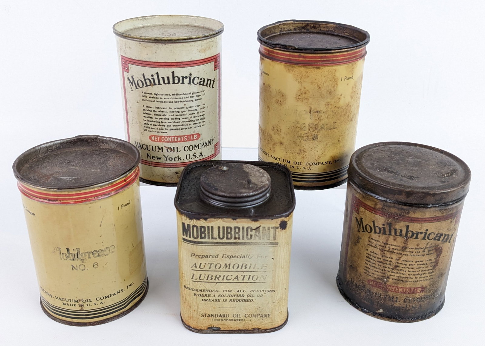 (5) Early Vacuum Oil Mobilubricant 1lb Grease Cans (1 of 12)