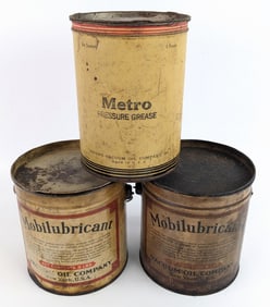 (3) Early Vacuum Oil Mobilubricant 5lb Grease Cans