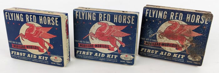 (3) Vintage Mobil Service Station Flying Red Horse First Aid Kit Tins