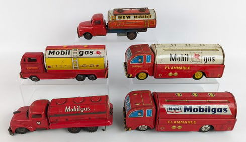 (5) Vintage Mobil Service Station Tin Litho Japan Friction Toy Tanker Trucks