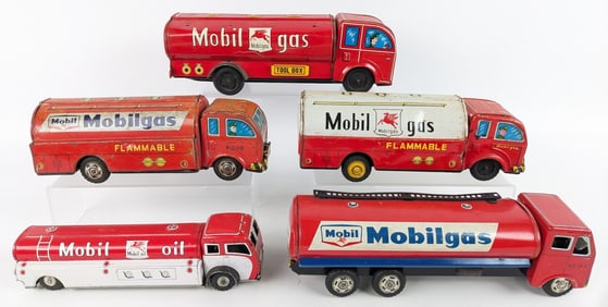 (5) Vintage Mobil Service Station Tin Litho Japan Friction Toy Tanker Trucks