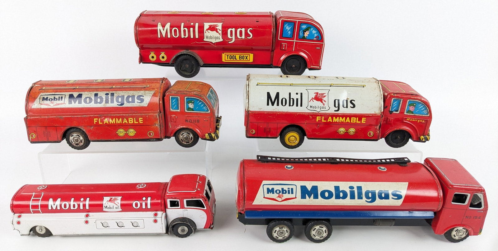 (5) Vintage Mobil Service Station Tin Litho Japan Friction Toy Tanker Trucks (1 of 3)