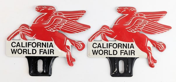 2) Mobil California World Fair Embossed Metal Pegasus License Plate Toppers