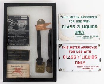 Vintage Mobil Service Station Oil Meter Signs / Brass Tags & More