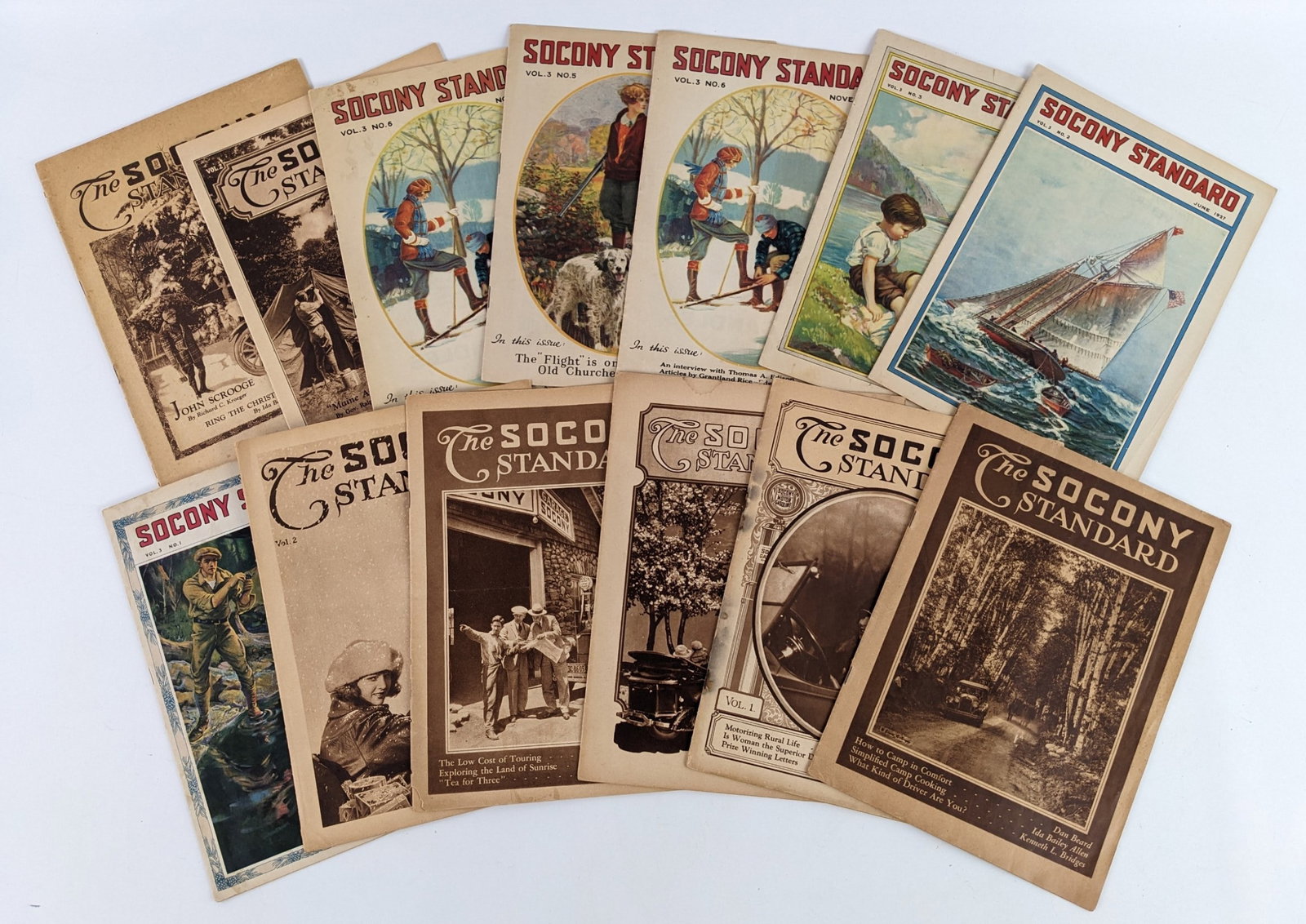 (13) 1920s SOCONY Standard Magazine Issues: Lot of thirteen 1920s SOCONY Standard magazine issues. They vary in year and condition. Display well with fantastic graphics. They measure approximately 10-3/4in tall.