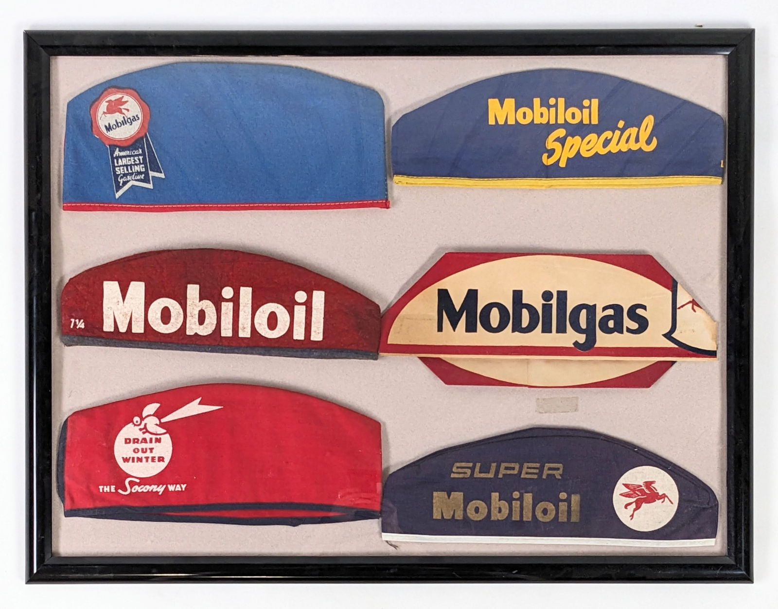 Framed Collection Of Vintage Mobil Service Station Attendant Caps (1 of 8)