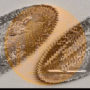 1897A France 20 Francs Gold Coin: 1897A France 20 Francs Gold Coin. The coin is .900 fine gold and the actual gold weight is 0.1867 troy ounces. Nice circulated condition.