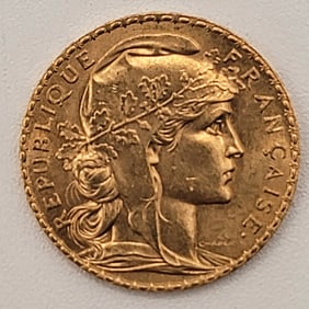 1909 France 20 Francs Rooster Gold Coin