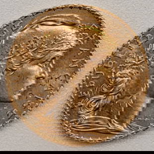 1913 France 20 Francs Rooster Gold Coin: 1913 France 20 Francs Rooster Gold Coin. The coin is .900 fine gold and the actual gold weight is 0.1867 troy ounces. Nice AU/BU condition.