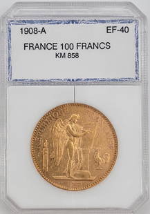 1908-A France 100 Francs Gold Coin PCI EF-40: 1908-A France 100 Francs Gold Coin. The coin has been graded EF-40 by PCI. The coin is .900 fine gold and the actual gold weight is .9334 troy ounces of pure gold.
