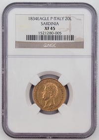 1834 Eagle P Italian States Sardinia 20 Lire Gold Coin NGC XF-45