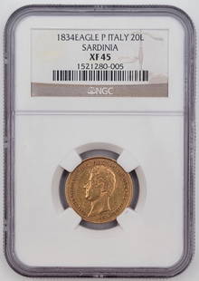 1834 Eagle P Italian States Sardinia 20 Lire Gold Coin NGC XF-45: 1834 Eagle P Italian States Sardinia 20 Lire Gold Coin. The coin has been graded XF-45 by NGC. The coin is .900 fine gold and the actual gold weight is .1866 troy ounces of pure gold.