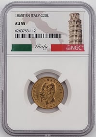 1865 T BN Italy 20 Lire Gold Coin NGC AU-55