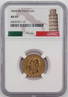 1865 T BN Italy 20 Lire Gold Coin NGC AU-55: 1865 T BN Italy 20 Lire Gold Coin. The coin has been graded AU-55 by NGC. The coin is .900 fine gold and the actual gold weight is .1867 troy ounces of pure gold.