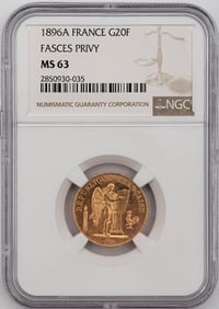 1896 A 20 Francs Fasces Privy Gold Coin NGC MS-63