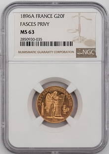 1896 A 20 Francs Fasces Privy Gold Coin NGC MS-63: 1896 A France 20 Francs Fasces Privy Gold Coin. The coin has been graded MS-63 by NGC. The coin is .900 fine gold and the actual gold weight is .1867 troy ounces of pure gold.
