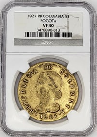 1827 RR Columbia 8 Escudos Bogota Gold Coin NGC VF-30