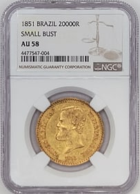1851 Brazil 20000 Reis Small Head Gold Coin NGC AU-58