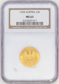 1928 Austria 25 Schilling Gold Coin NGC MS-63