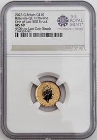 2023 British 10 Pound Britannia Gold Coin NGC MS 69 (Last 500 Struck, Queen Elizabeth II Obverse)