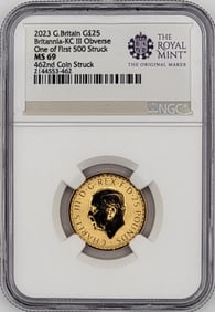 2023 British 25 Pound Britannia Gold Coin NGC MS 69 (First 500 Struck, King Charles III Obverse)
