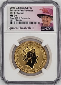 2023 British 100 Pound Britannia Gold Coin NGC MS 70 (Queen Elizabeth II Obverse, First Releases)