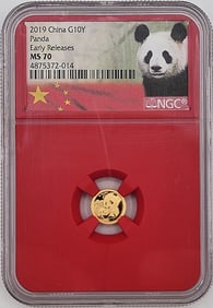 2019 China Panda 10 Yuan One Gram .999 Fine Gold Coin NGC MS 70 Early Releases