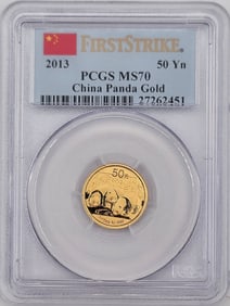 2013 China Panda 50 Yuan 1/10 Ounce .999 Fine Gold Coin PCGS MS 70 First Strike