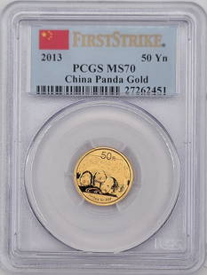 2013 China Panda 50 Yuan 1/10 Ounce .999 Fine Gold Coin PCGS MS 70 First Strike: 2013 China Panda 50 Yuan 1/10 Ounce .999 Fine Gold Coin. Graded MS 70 First Strike by PCGS.