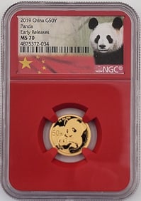 2019 China Panda 50 Yuan 1/10 Ounce .999 Fine Gold Coin NGC MS 70 Early Releases