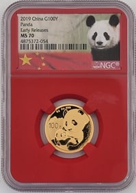 2019 China Panda 100 Yuan Eight Gram .999 Fine Gold Coin NGC MS 70 Early Releases