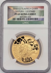 2014 CLT South Africa 100 Rand 1 Ounce .9999 Gold Natura Leopard Proof Coin NGC PF 69 Ultra Cameo