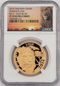 2014 Tanzania 5000 Shillings 1 Ounce Serengeti Lion .9999 Gold Proof Coin NGC PF 70 Ultra Cameo
