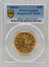 1860-O United States Eagle $10 Gold Piece PCGS Genuine Repaired AU Detail