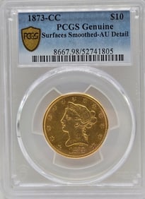 1873-CC United States Eagle $10 Gold Piece PCGS Genuine Surfaces Smoothed AU Detail