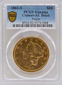 1861-S United States Double Eagle Paquet Reverse $20 Gold Piece PCGS Genuine Cleaned AU Detail