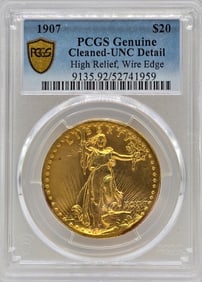 1907 United States Saint-Gaudens High Relief $20 Gold Piece PCGS Genuine Cleaned UNC Detail