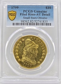 1799 United States Capped Bust Small Stars Obverse $10 Gold Piece PCGS Genuine Filed Rims AU Detail